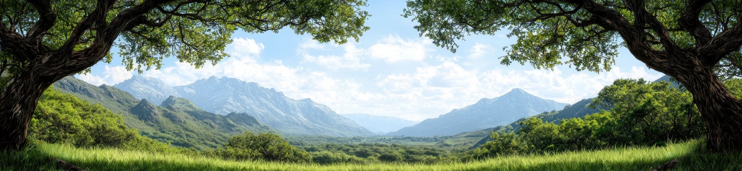 Lush green valley surrounded by majestic mountains photo