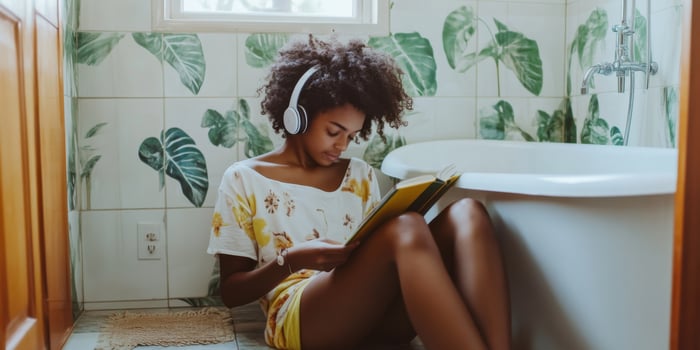 A young woman is enjoying a captivating book while relaxing in a cozy bathroom environment photo