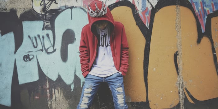 Urban Fashion Trendy Youth Posing Confidently against a Colorful Graffiti Backdrop photo