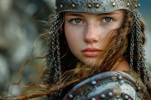 Mysterious warrior woman with piercing green eyes photo