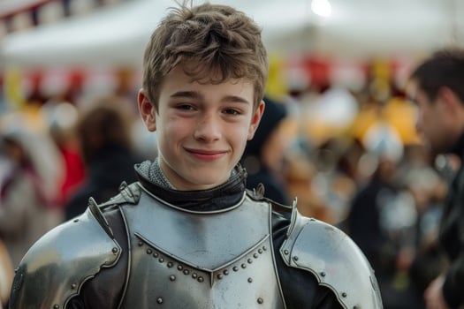 Smiling young man in medieval knight costume photo