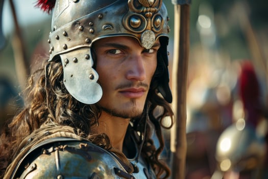 Fierce warrior in ornate helmet photo