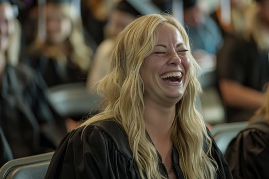 Joyful woman with long blonde hair laughing photo