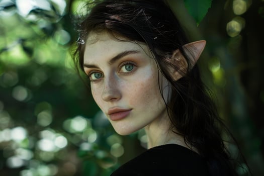 mysterious woman with dark hair in nature photo