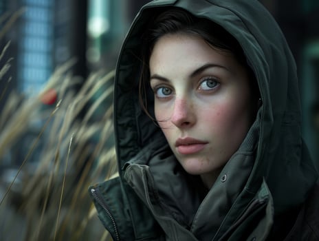pensive woman in hooded jacket photo