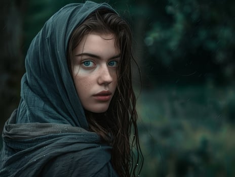 mysterious woman in dark hooded cloak photo