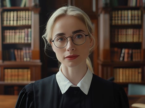 Serious young woman in glasses and formal attire in library photo