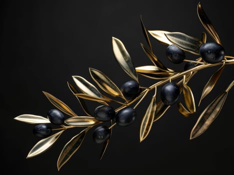 golden olive branch with black olives on dark background photo