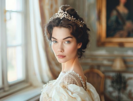 elegant bride in luxurious wedding dress and tiara photo