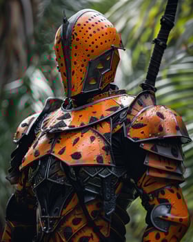 Futuristic armored warrior in orange and black photo