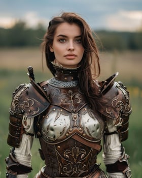 Warrior woman in ornate armor standing in field photo