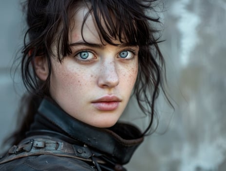 Mysterious young woman with intense blue eyes photo