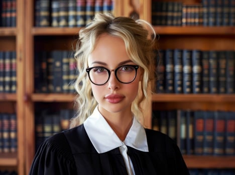 Confident young woman in law library photo