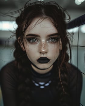 Mysterious woman with dark makeup and windblown hair photo