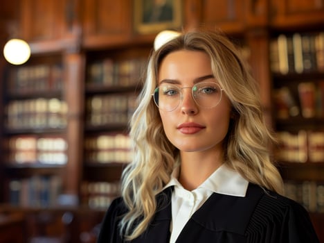 Confident young professional woman in library photo