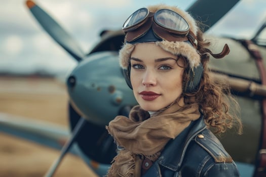 Vintage pilot with goggles and scarf in front of airplane photo