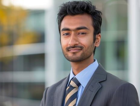 confident businessman in suit smiling outdoors photo