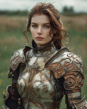 Warrior woman in ornate armor standing in field photo