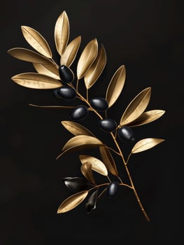 golden olive branch with black olives on dark background photo