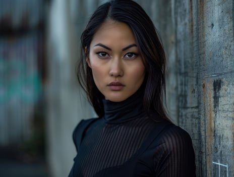 Serious young asian woman in black clothing photo