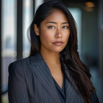 Confident businesswoman in a pinstriped suit photo