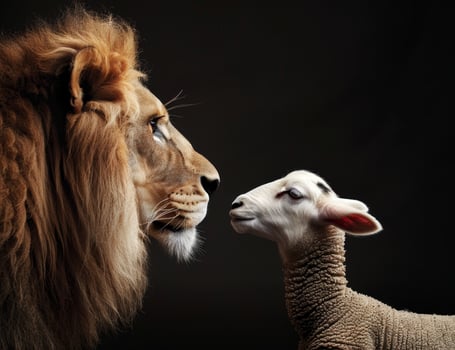 Powerful lion and innocent lamb face to face photo
