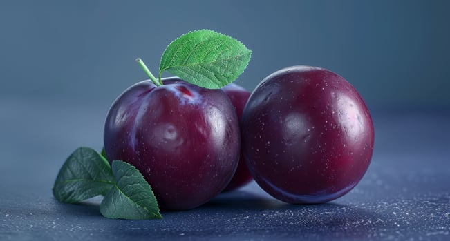 Ripe plums with green leaves on dark background photo