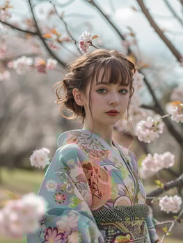 young woman in colorful kimono posing among cherry blossoms photo