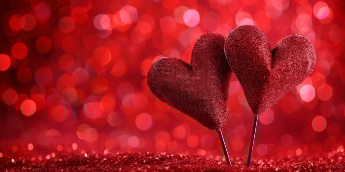 Sparkling red hearts on a glittering background photo