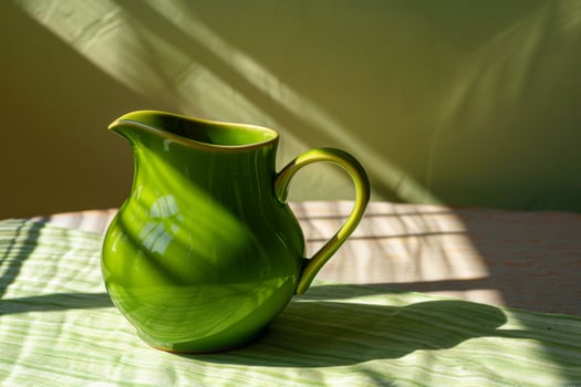 Vibrant green ceramic pitcher on checkered tablecloth photo