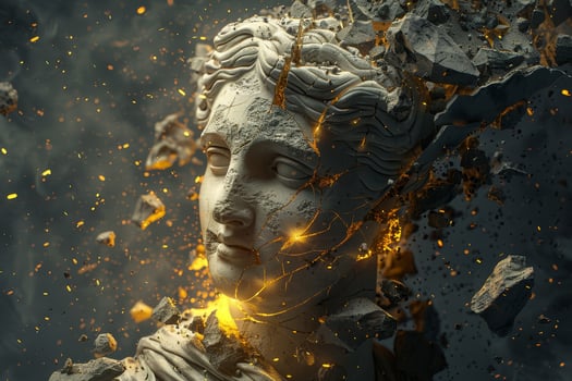Cracked stone statue with golden cracks photo