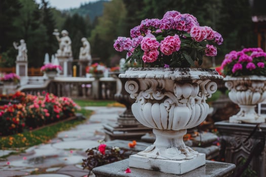 Ornate stone planter with vibrant pink flowers in a lush garden setting photo