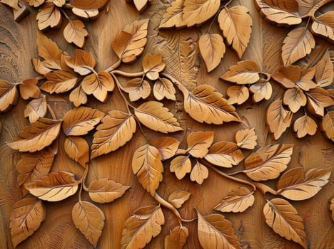 Intricate wooden leaf carvings on a rustic background photo
