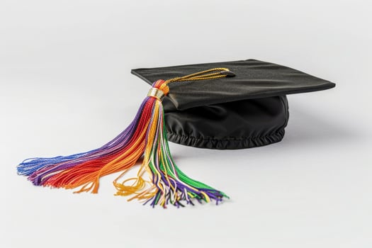 Graduation cap with colorful tassel on white background photo