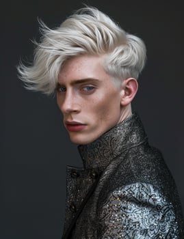 Stylish young man with striking platinum blonde hair photo