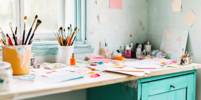 A vibrant Creative Workspace filled with Art Supplies and Paintbrushes for artists photo