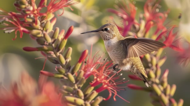 Hummingbird feeding on vibrant red flowers photo