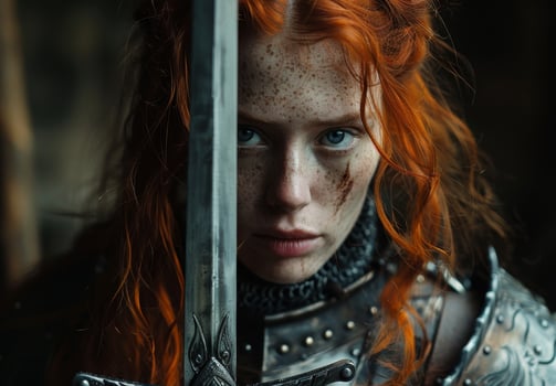 Mysterious redheaded woman with piercing blue eyes photo