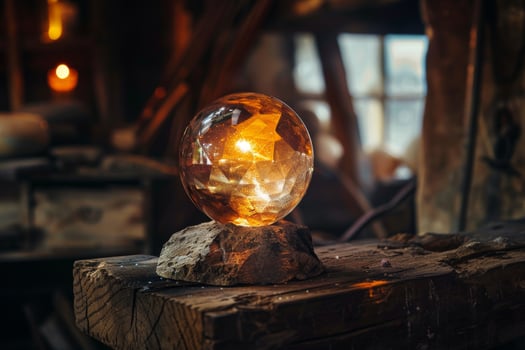 Glowing crystal ball on wooden surface photo
