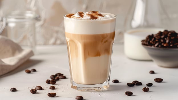 Creamy coffee drink with whipped cream and coffee beans photo