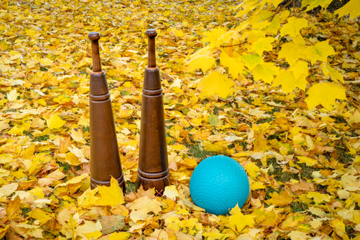 Couple of traditional wooden Persian meels and a slam ball in a backyard in fall scenery. photo