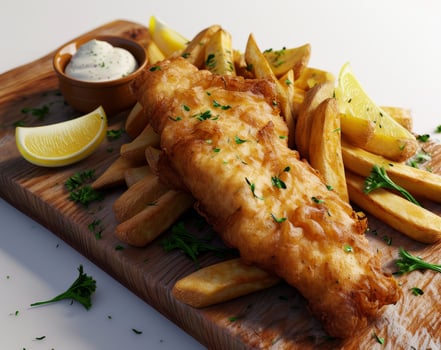 Delicious fish and chips on wooden board photo