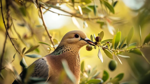Dove perched on olive branch photo