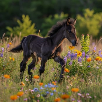 Majestic horse in a vibrant wildflower meadow photo
