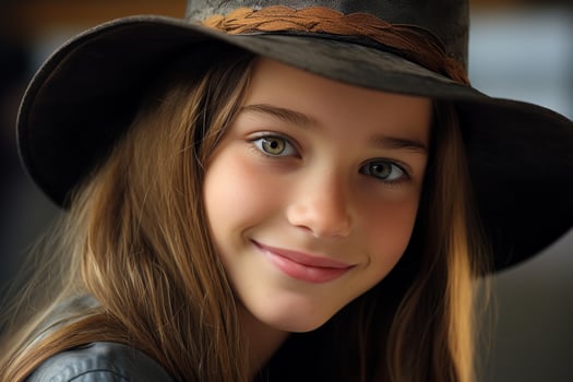Smiling young girl in black hat photo