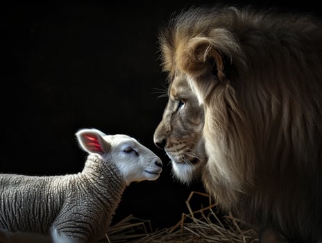 Powerful lion and innocent lamb photo