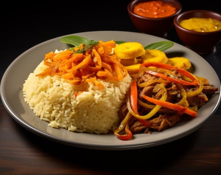 Delicious Caribbean style rice and beans dish with plantains photo