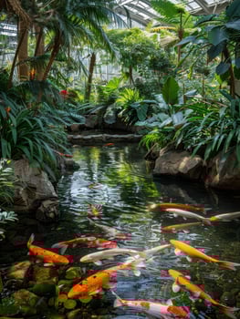 Lush tropical greenhouse with koi pond photo