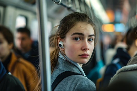 Young woman with earbuds on public transportation photo