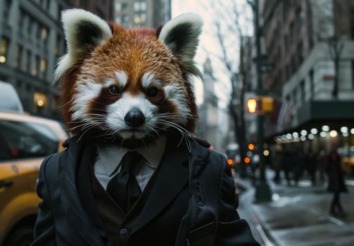 Stylish red panda in a suit on a city street photo